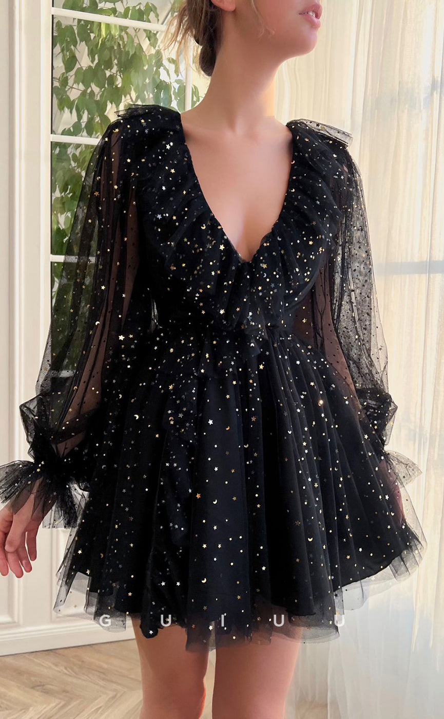 GH407 - A Line V Neck Long Sleeves Vintage Short Homecoming Dress