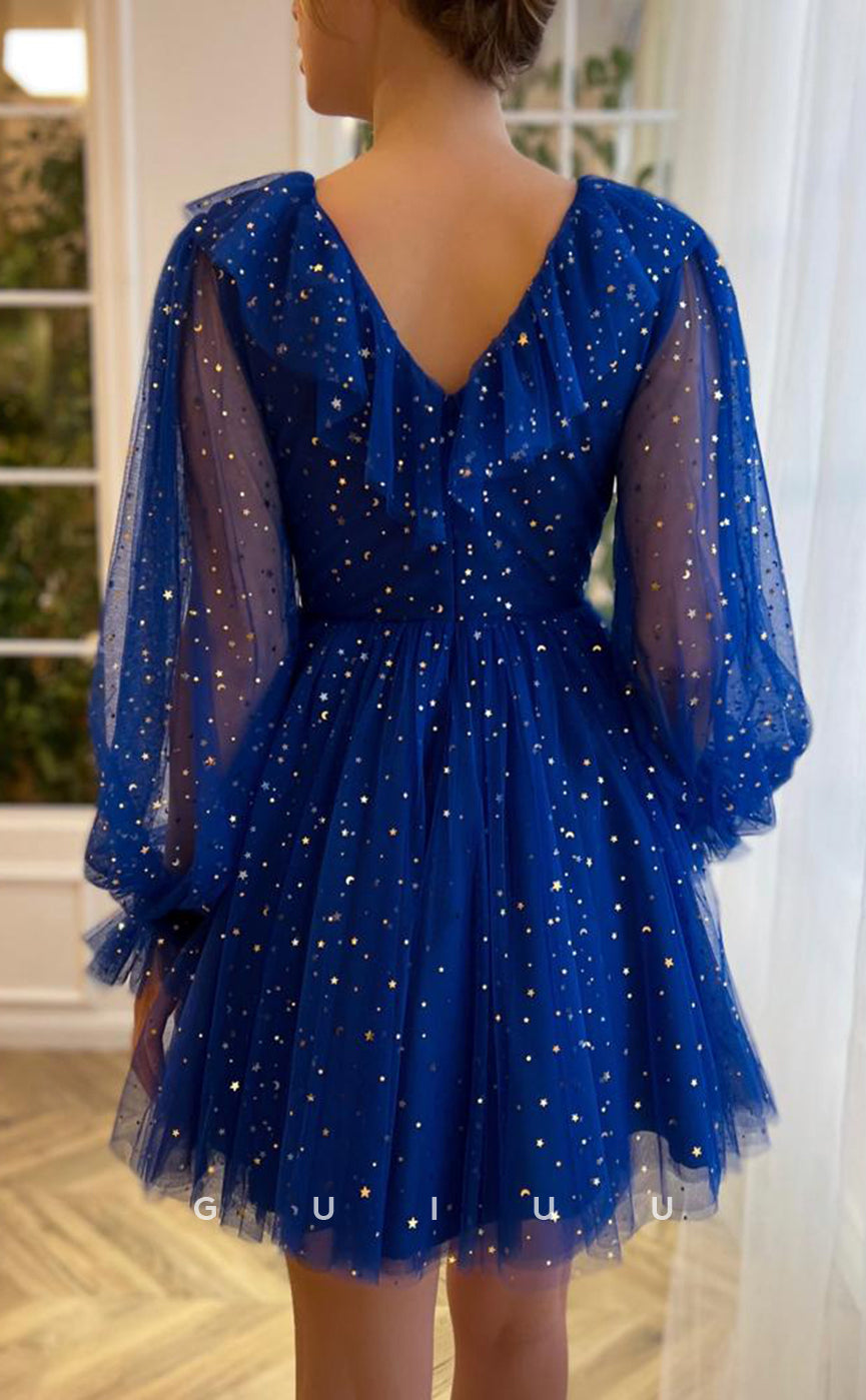 GH406 - A Line V Neck Ruffles Long Sleeves Vitage Homecoming Dress