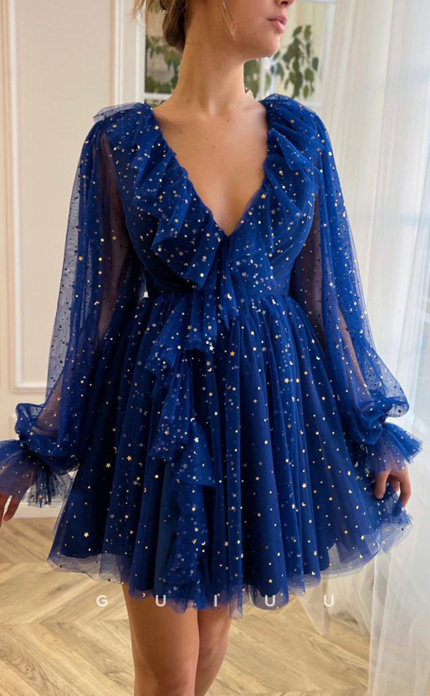 GH406 - A Line V Neck Ruffles Long Sleeves Vitage Homecoming Dress
