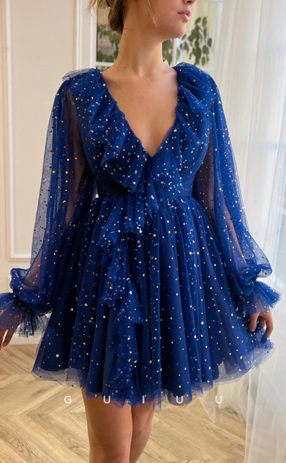 GH406 - A Line V Neck Ruffles Long Sleeves Vitage Homecoming Dress