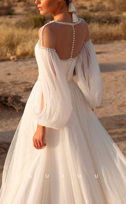 GW152 - A-Line Tulle Off-Shoulder Beaded Beach Wedding Dress