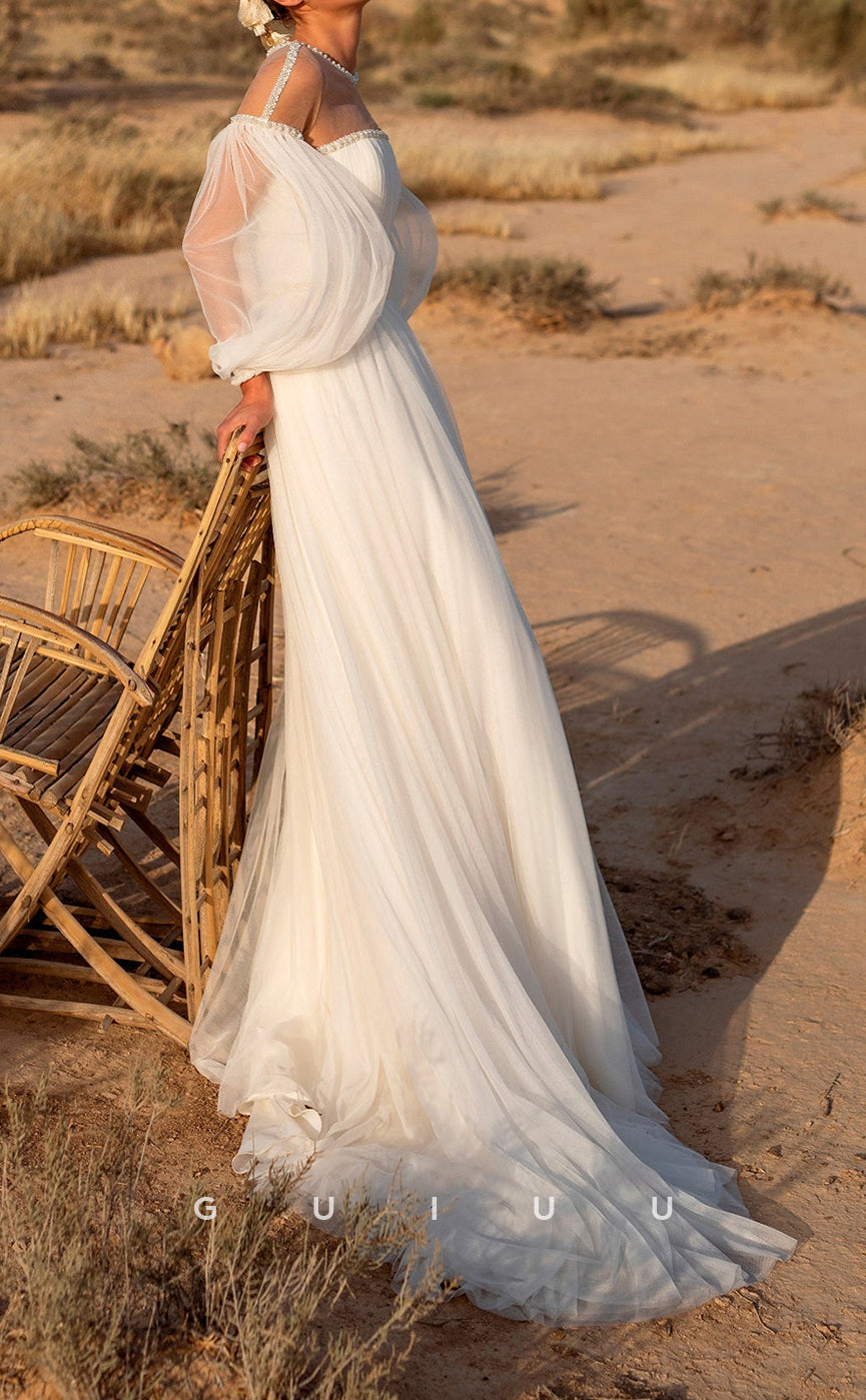 GW152 - A-Line Tulle Off-Shoulder Beaded Beach Wedding Dress