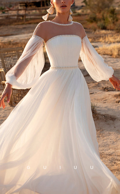 GW152 - A-Line Tulle Off-Shoulder Beaded Beach Wedding Dress