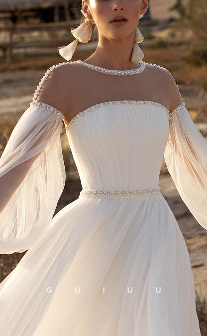 GW152 - A-Line Tulle Off-Shoulder Beaded Beach Wedding Dress