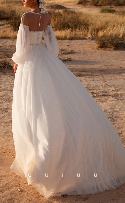 GW152 - A-Line Tulle Off-Shoulder Beaded Beach Wedding Dress