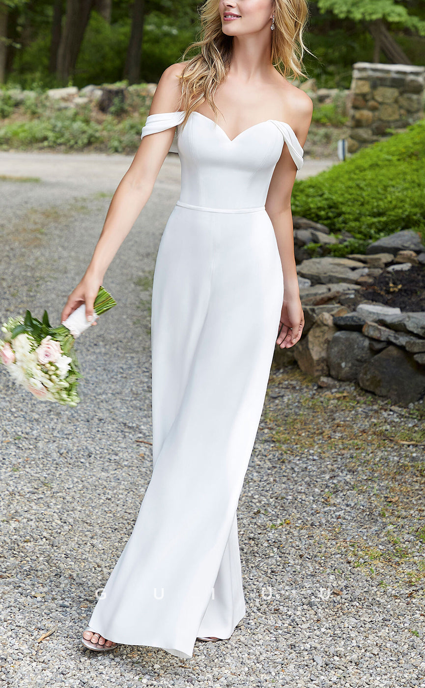 GW207 - Simple Satin Off-Shoulder Jumpsuits Beach Wedding Dress Bridal Gowns