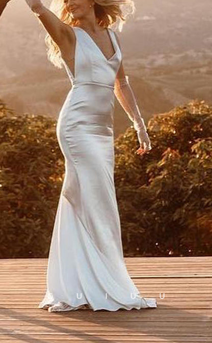 GW235 - Chic & Modern V-Neck Satin Long Beach Boho Wedding Dress