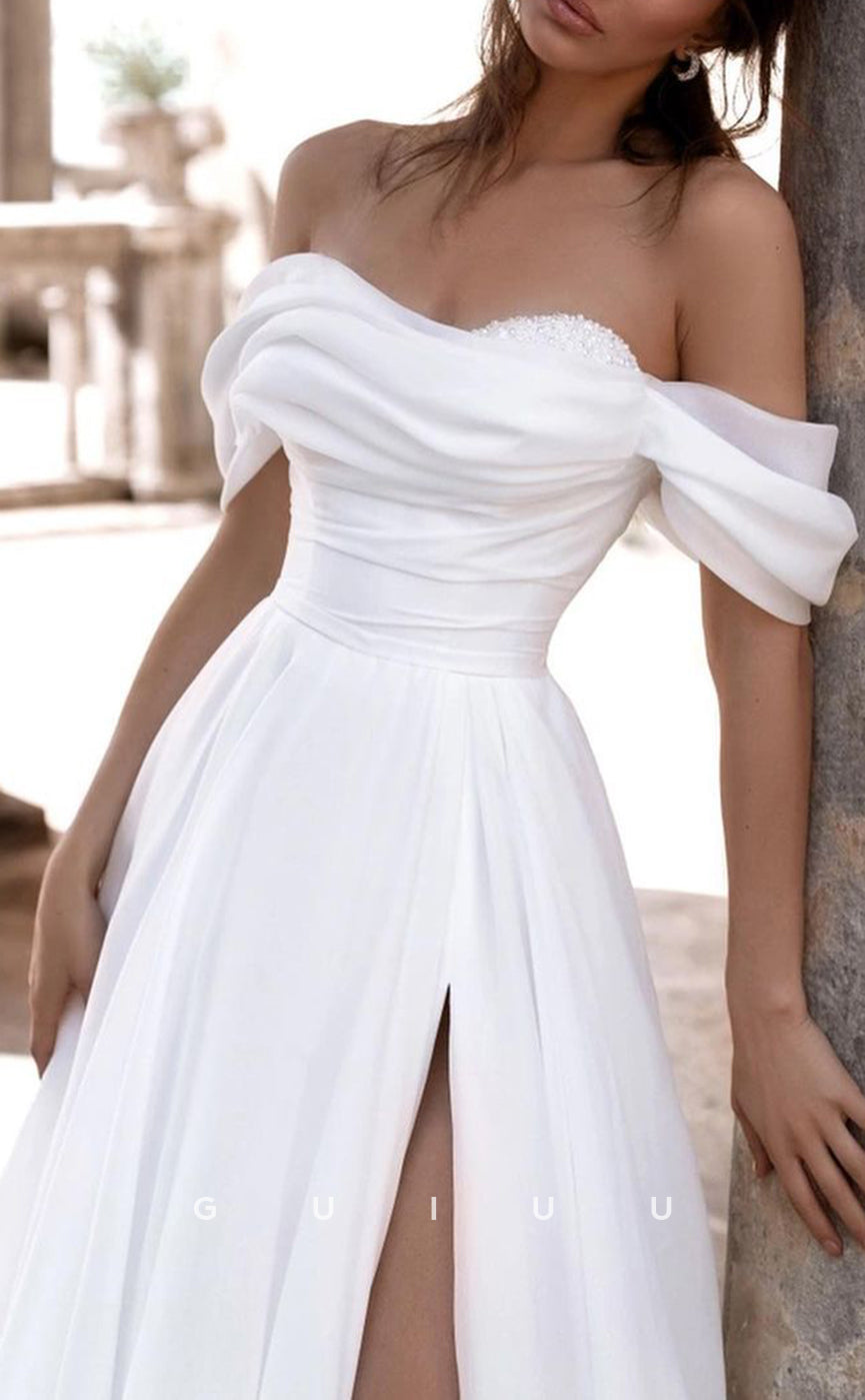 GW312 - Elegant & Luxurious A-Line Off-Shoulder Beaded Tulle Beach Boho Wedding Dresses