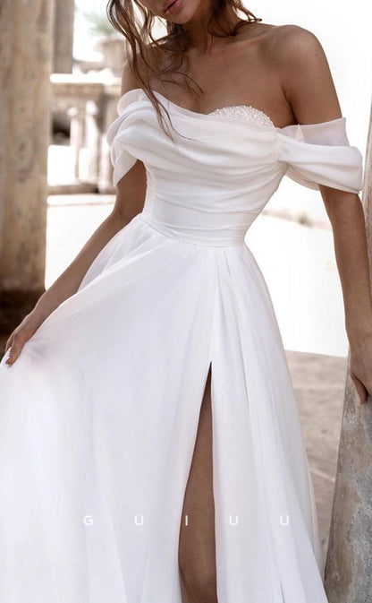 GW312 - Elegant & Luxurious A-Line Off-Shoulder Beaded Tulle Beach Boho Wedding Dresses