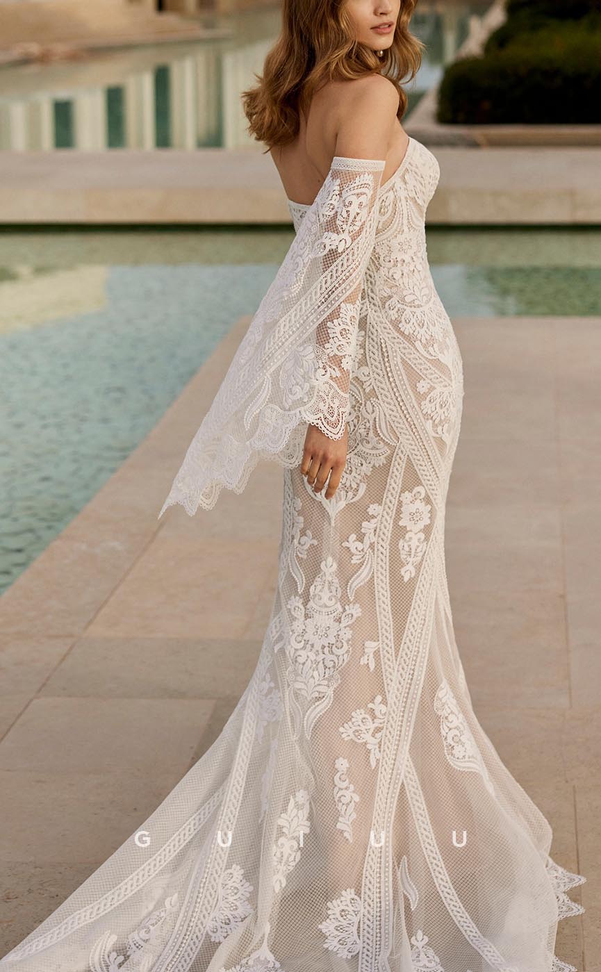 GW604 - Sexy & Hot Sheath Sweetheart Lon Bell Sleeves Floral Appliques & Embroidered Floor-Length Wedding Dress with Sweep Train