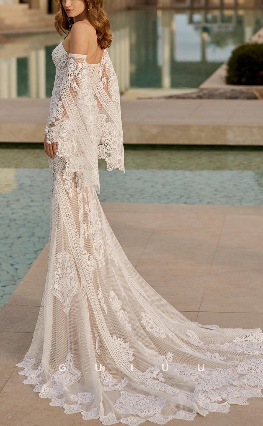 GW604 - Sexy & Hot Sheath Sweetheart Lon Bell Sleeves Floral Appliques & Embroidered Floor-Length Wedding Dress with Sweep Train