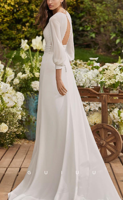 GW608 - Chic & Modern A-Line V-Neck Long Bishop Sleeves Draped Bottons Wedding Dress with Sweep Train