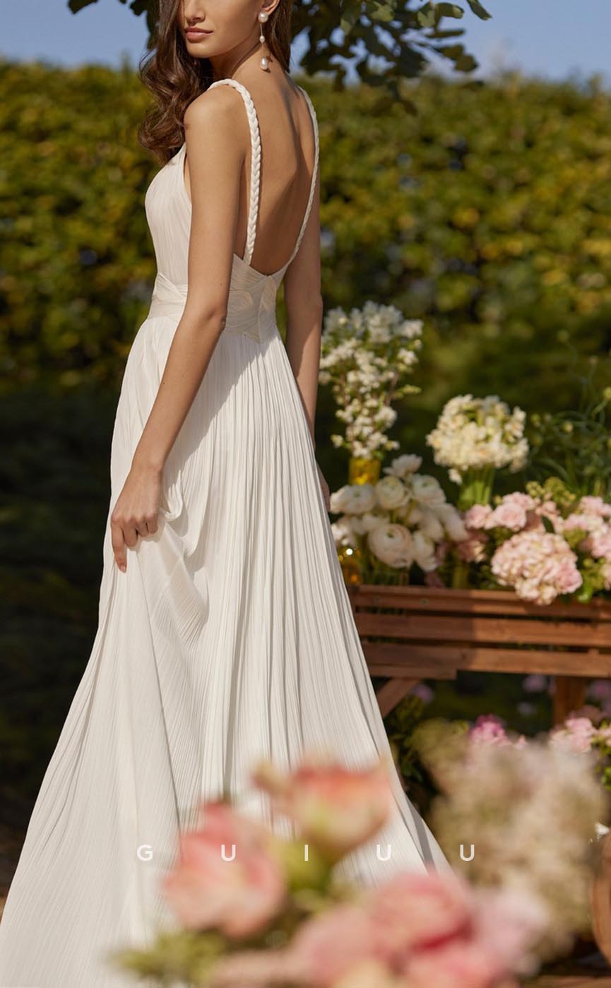 GW609 - Chic & Modern A-Line V-Neck Straps Draped Pleated Long Wedding Dress with Overlay & Sweep Train