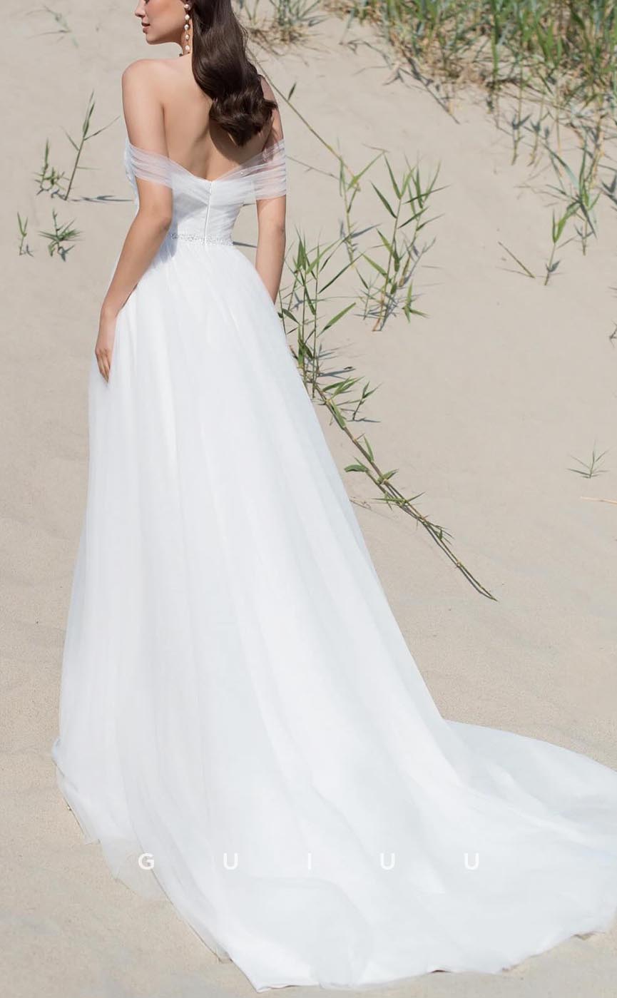 GW614 - Chic & Modern A-Line Asymmetrical Tulle Beaded Long Wedding Dress with High Side Slit and Sweep Train