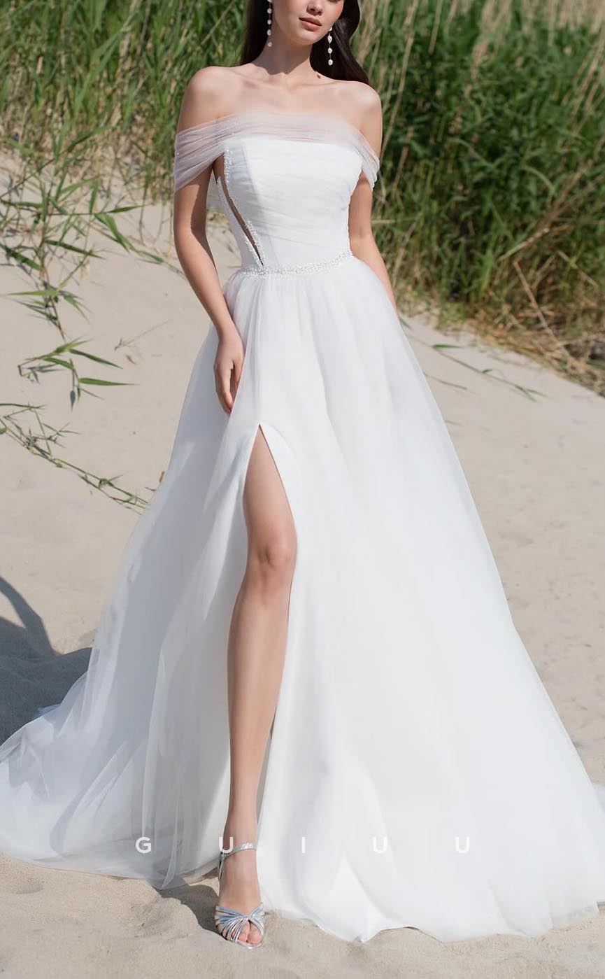 GW614 - Chic & Modern A-Line Asymmetrical Tulle Beaded Long Wedding Dress with High Side Slit and Sweep Train