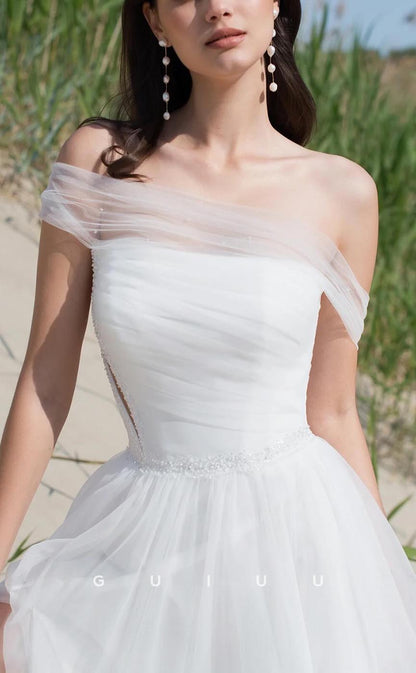 GW614 - Chic & Modern A-Line Asymmetrical Tulle Beaded Long Wedding Dress with High Side Slit and Sweep Train