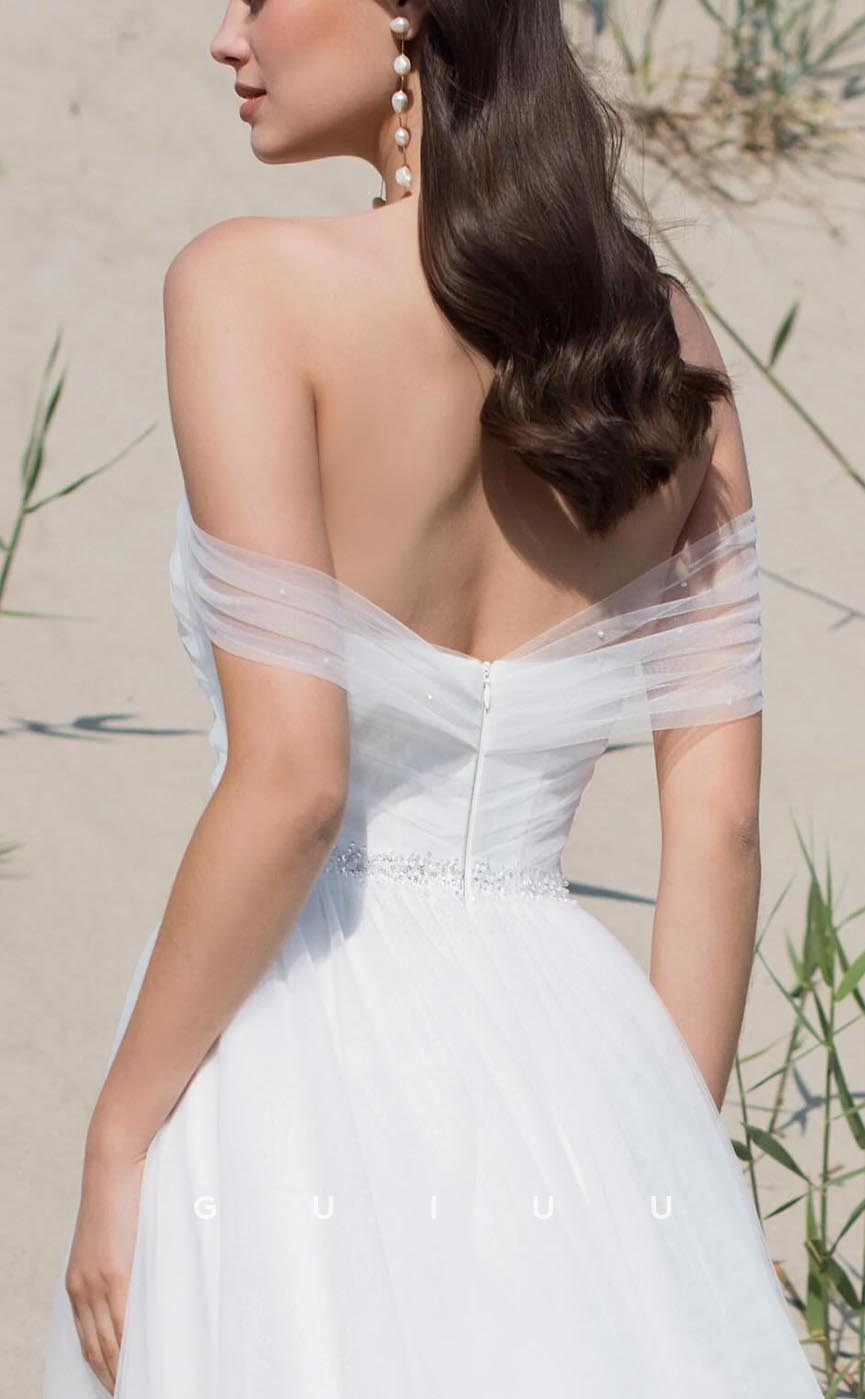 GW614 - Chic & Modern A-Line Asymmetrical Tulle Beaded Long Wedding Dress with High Side Slit and Sweep Train