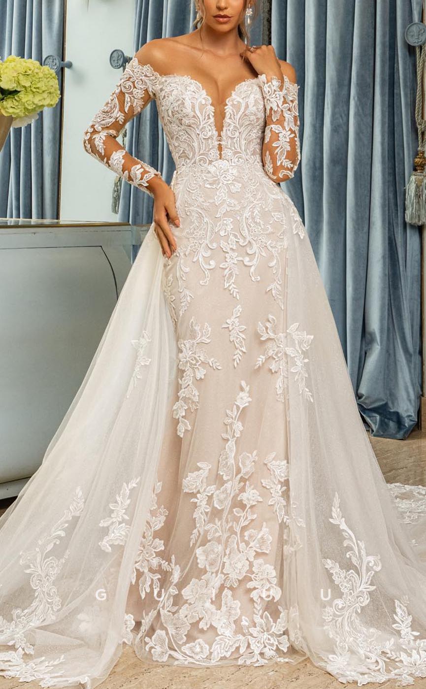 GW616 - Chic & Modern Sheath & A-line Off Shoulder Long Aleeves Allover Appliques Long Wedding Dress with Overlay and Sweep Train