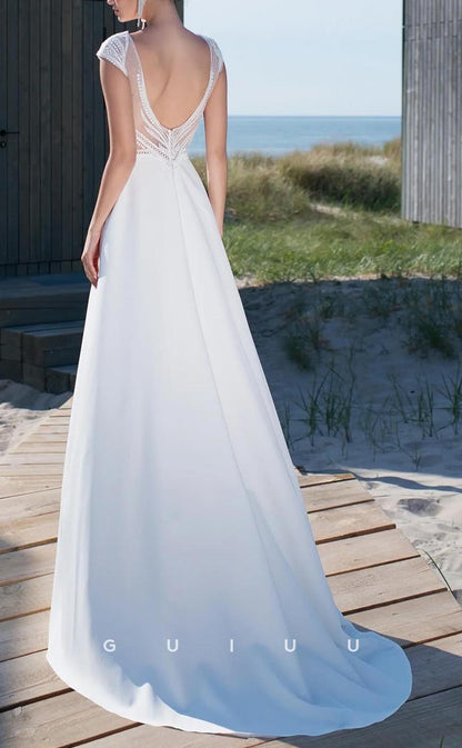 GW619 - Classic & Timeless A-Line V-neck and V-back Embroidered Boho Wedding Dress with High Side Slit