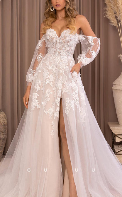 GW623 - Chic & Modern A-line Off Shoulder Long Bishop Sleeves Floral Appliques Long Wedding Dress with High Side Slit and Sweep Train