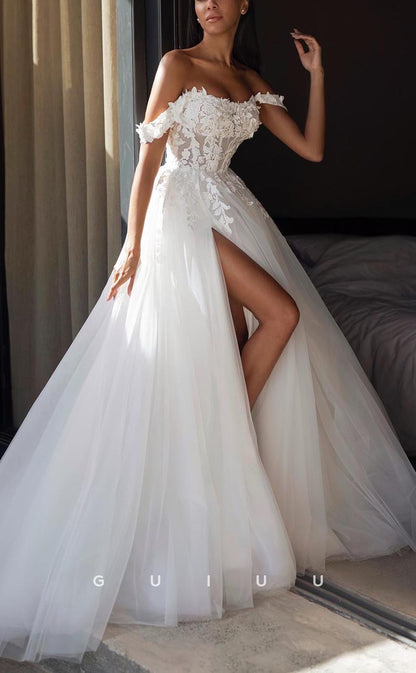 GW624 - Chic & Modern A-line Off Shoulder Floral Appliques Floor-Length Wedding Dress with High Side Slit