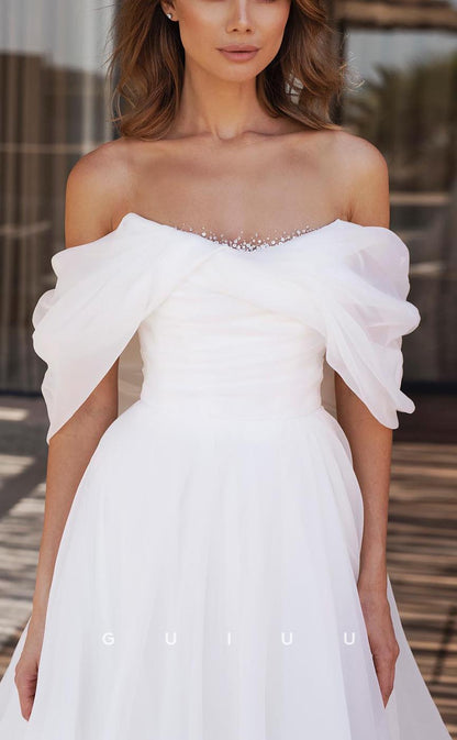 GW626 - Chic & Modern A-line Off Shoulder Beaded Long Wedding Dress with High Side Slit and Sweep Train