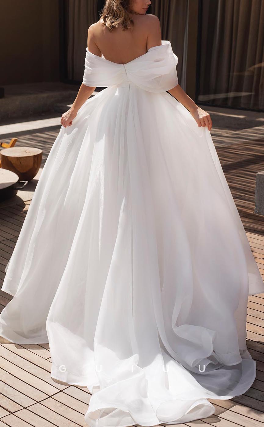 GW626 - Chic & Modern A-line Off Shoulder Beaded Long Wedding Dress with High Side Slit and Sweep Train