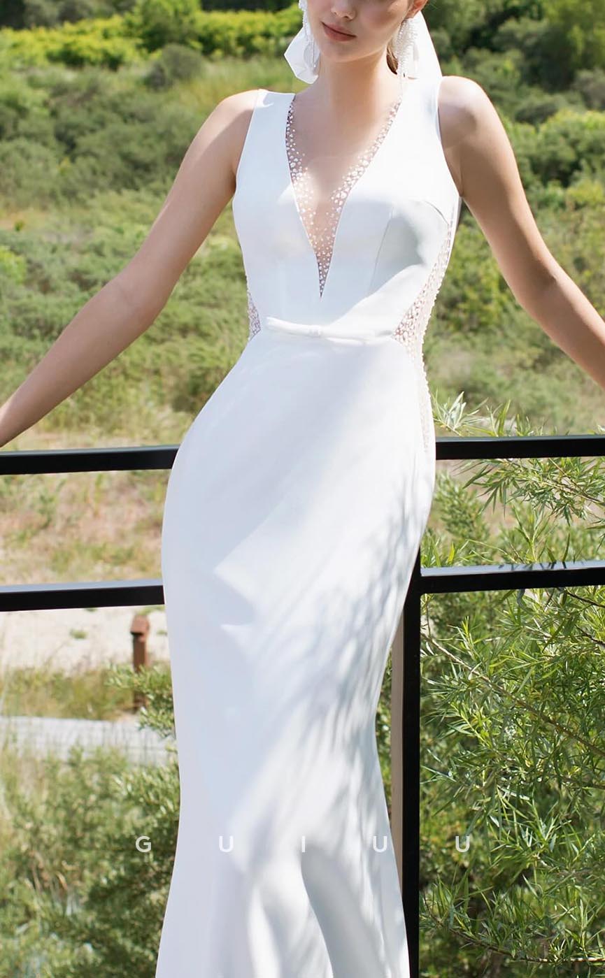 GW627 - Sexy & Hot Sheath V-neck and V-back Pearls Illusion Boho Wedding Dress with Sweep Train