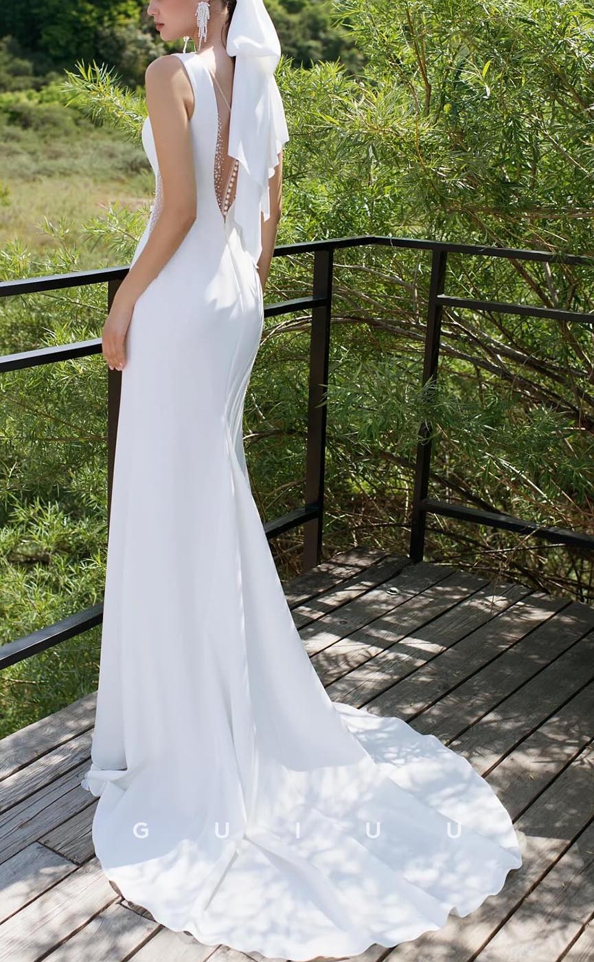 GW627 - Sexy & Hot Sheath V-neck and V-back Pearls Illusion Boho Wedding Dress with Sweep Train