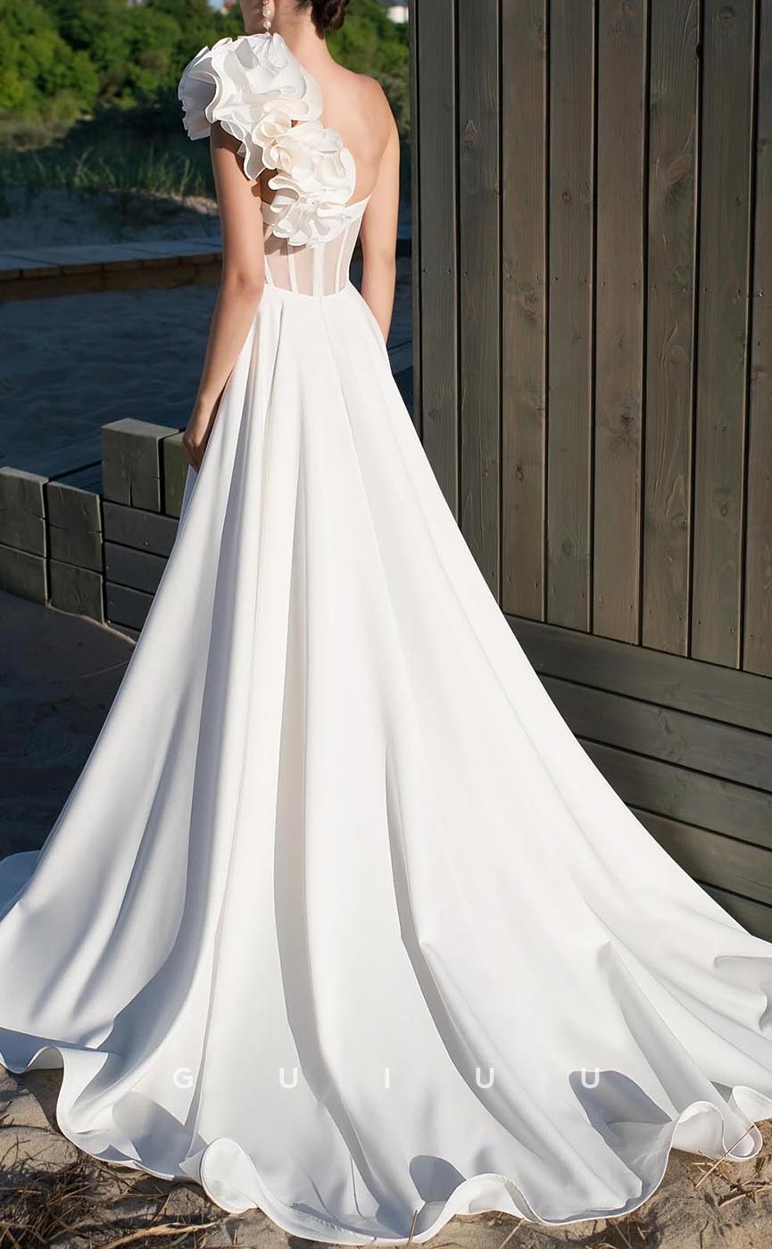 GW631 - Chic & Modern A-line One Shoulder V-neck Draped Boho Wedding Dress