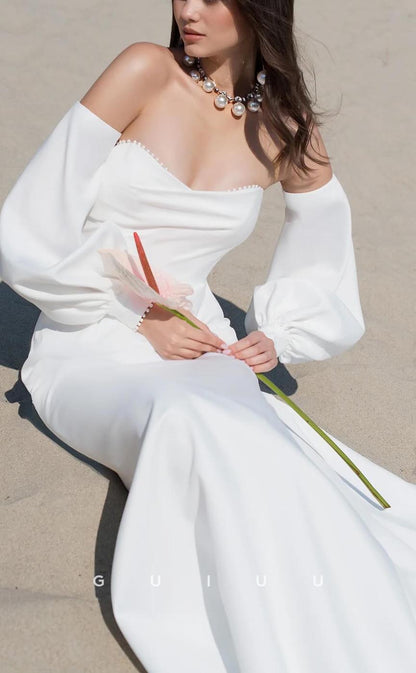 GW635 - Chic & Modern Sheath Sweetheart Long Bishop Sleeves Draped Boho Wedding Dress with Pearls and Sweep Train