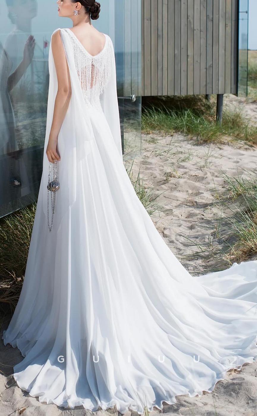 GW638 - Chic & Modern A-Line V-Neck Straps Embroidered Beaded Fringe Wedding Dress with Overlay