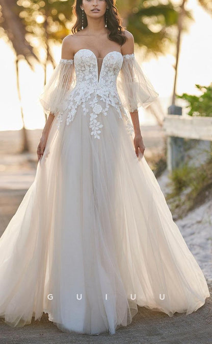 GW649 - Chic & Modern A-Line Sweetheart V-Neck Quarter Bishop Sleeves Floral Appliqued Long Wedding Dress