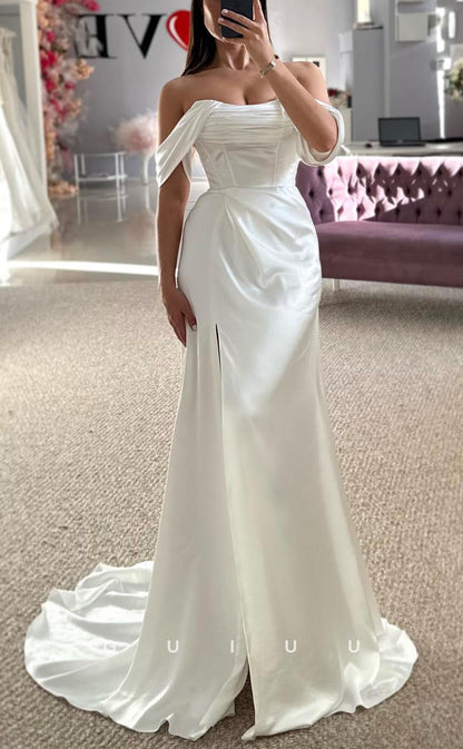 GW664 - Classic Sheath Off Shoulder Draped Satin Wedding Dress with High Side Slit and Sweep Train