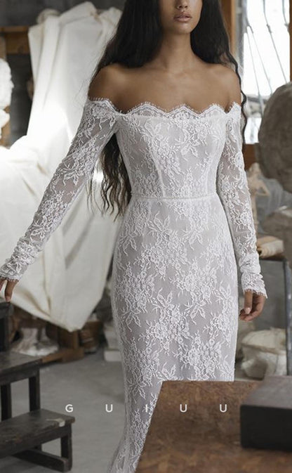 GW681 - Classic & Modern Sheath Off Shoulder Allover Lace and Appliques Wedding Dress with Long Sleeves and Sweep Train