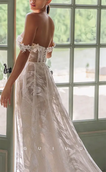 GW694 - Chic & Modern A-Line Off Shoulder Floral Embroidery Beaded Boho Wedding Dress with High Side Slit and Overlay