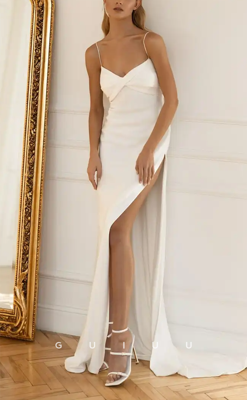 GW697 - Classic & Timeless Sheath V-Neck Straps Draped Boho Wedding Dress with High Side Slit and Sweep Train