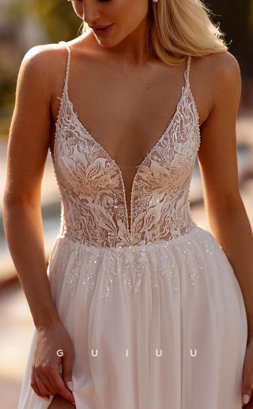 GW708 - Chic & Modern A-Line V-Neck Straps Appliqued and Beaded Boho Wedding Dress with High Side Slit