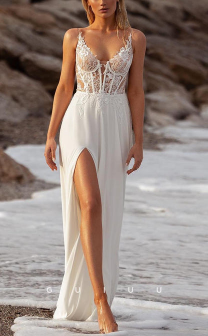 GW712 - Chic & Modern A-Line V-Neck Straps Illusion Appliqued and Draped Boho Wedding Dress with High Side Slit