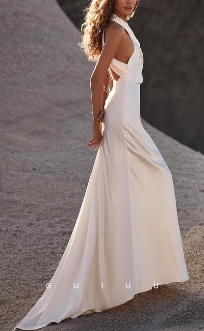 GW727 - Chic & Modern Sheath Cross-Neck Draped Boho Wedding Dress with Open Back