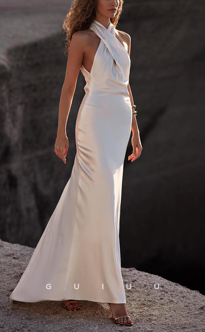 GW727 - Chic & Modern Sheath Cross-Neck Draped Boho Wedding Dress with Open Back