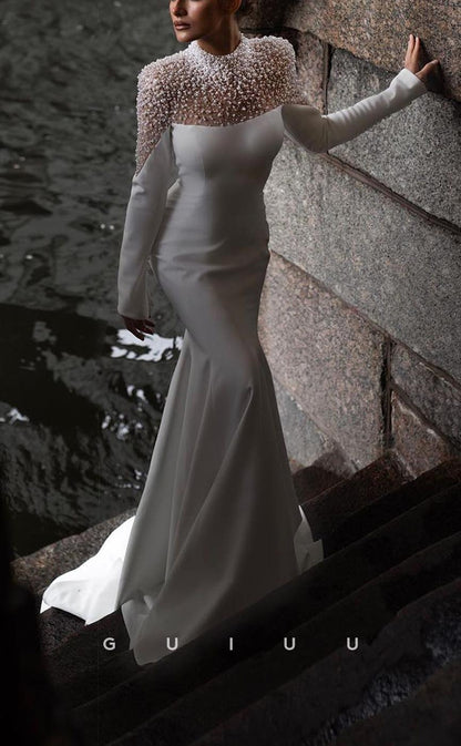 GW731 - Chic & Modern Sheath High Neck Beaded and Pearls Wedding Dress with Long Sleeves and Sweep Train