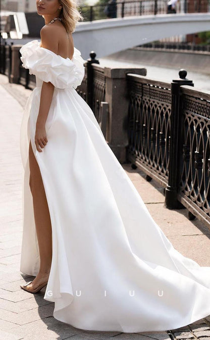 GW733 - Chic & Modern A-Line Off Shoulder Draped Wedding Dress with High Side Slit and Sweep Train