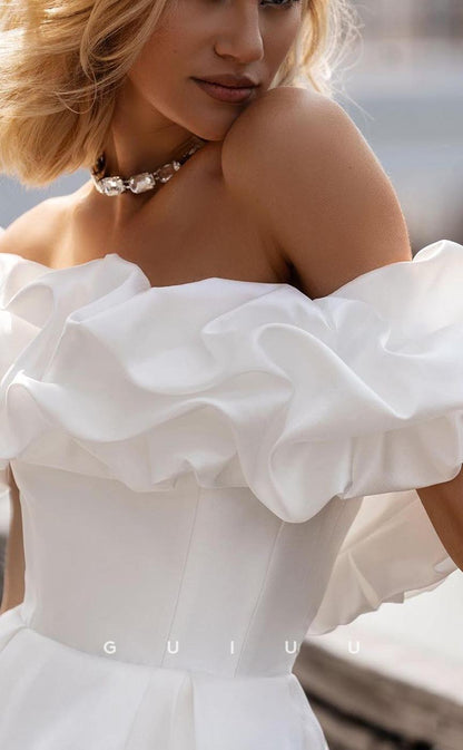 GW733 - Chic & Modern A-Line Off Shoulder Draped Wedding Dress with High Side Slit and Sweep Train