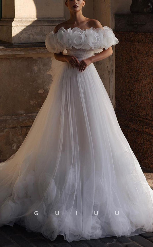 GW734 - Chic & Modern A-Line Off Shoulder Tulle Floral Embossed Wedding Dress with Sweep Train