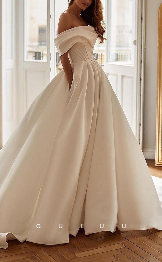 GW737 - Classic & Timeless A-Line Off Shoulder Draped Wedding Dress with Sweep Train