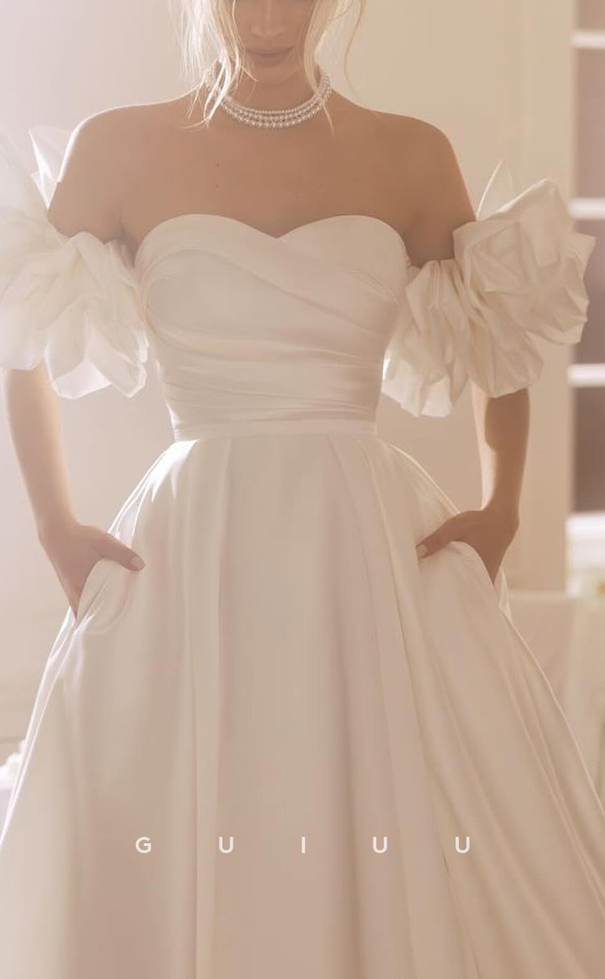 GW777 - Chic & Modern A-Line Off Shoulder Draped Wedding Dress with Ruffles and Sweep Train