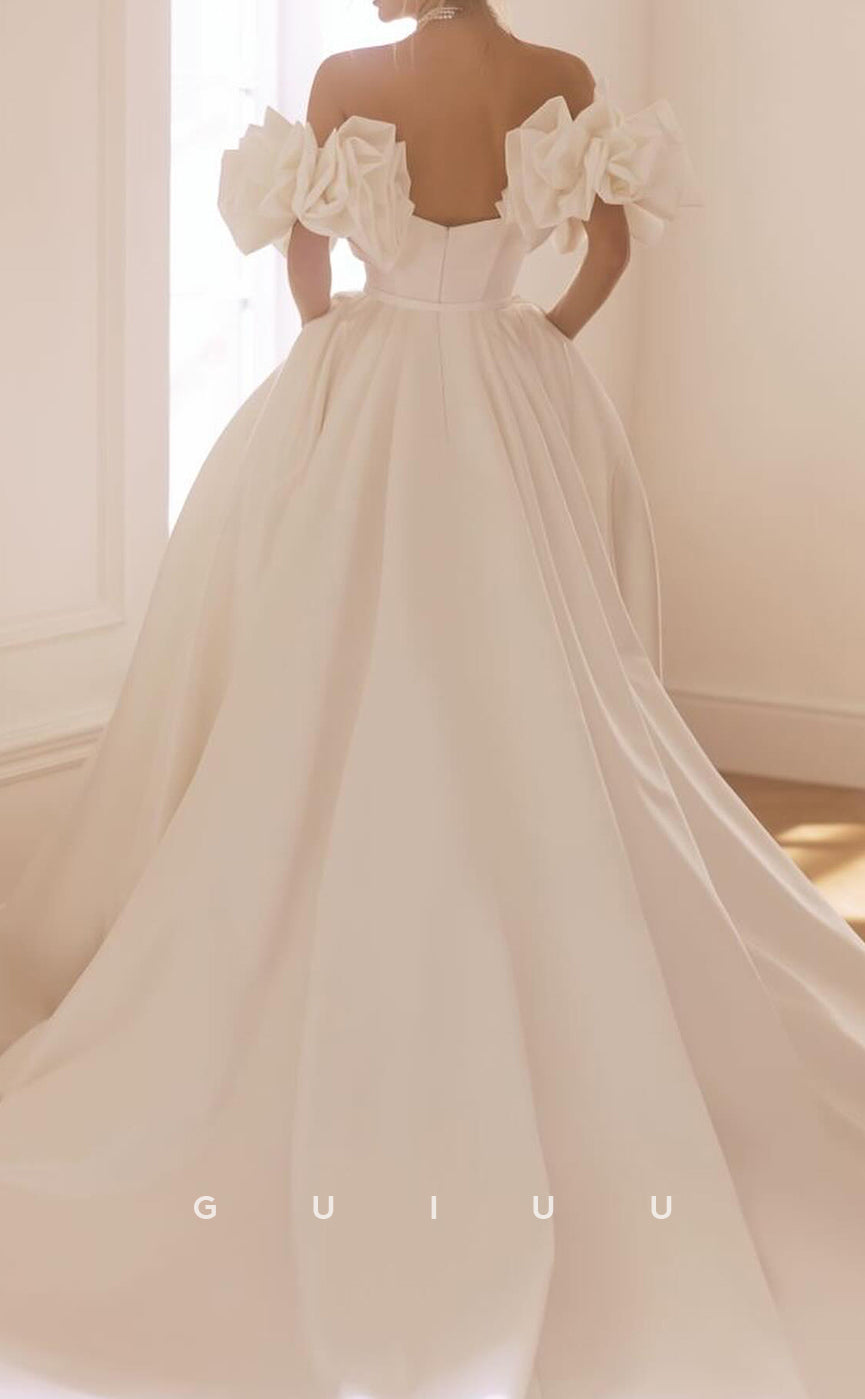 GW777 - Chic & Modern A-Line Off Shoulder Draped Wedding Dress with Ruffles and Sweep Train