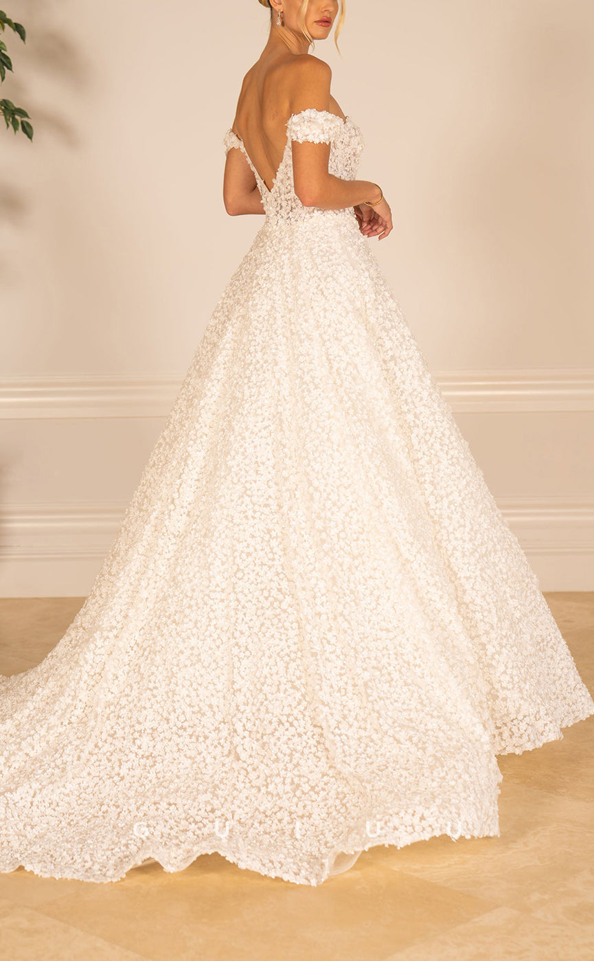 GW793 - Classic & Timeless A-Line Off Shoulder Fully Floral Appliqued and Draped Wedding Dress with Sweep Train