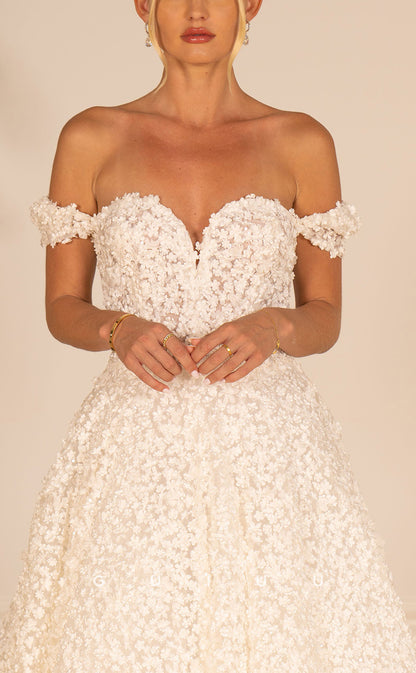 GW793 - Classic & Timeless A-Line Off Shoulder Fully Floral Appliqued and Draped Wedding Dress with Sweep Train